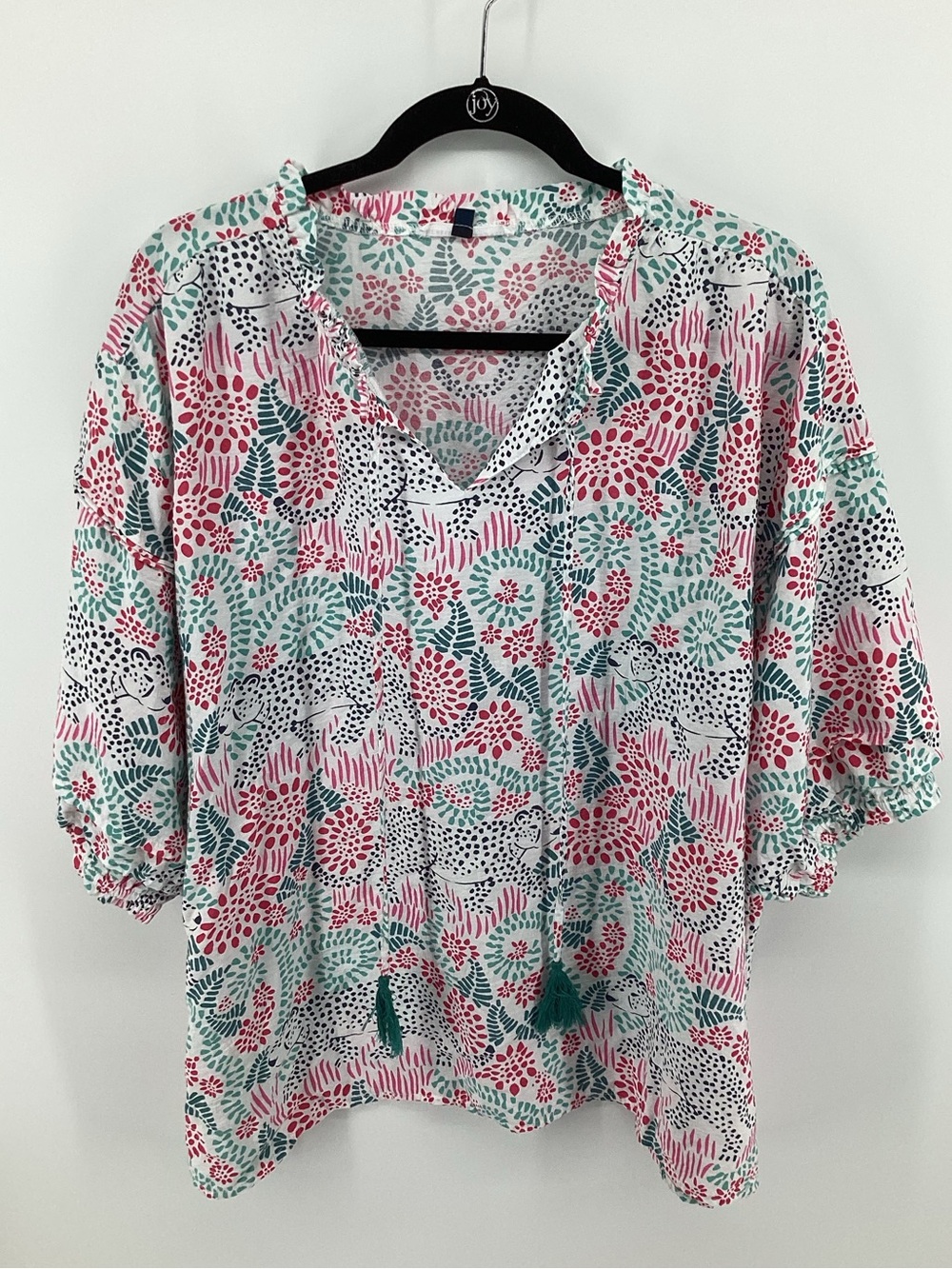 Michelle McDowell Floral Tiger V-Neck Puff Sleeve Top - Pink & Green
